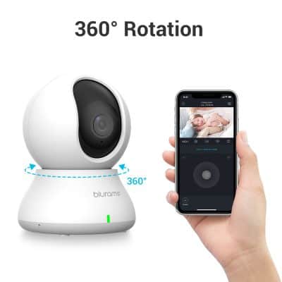 High-resolution security camera with 360° pan rotation, compatible with smartphone app for remote monitoring and home security.