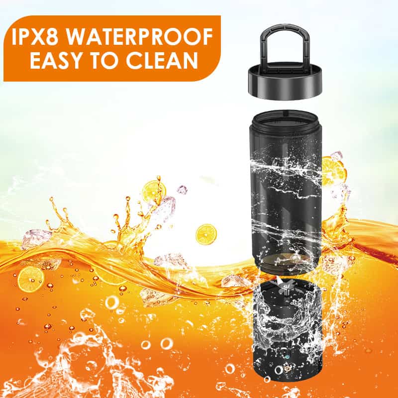 Waterproof portable blender for smoothies, easy to clean, Monalisa Store, durable travel blender, IPX8 water-resistant portable mixer, ideal for outdoor and gym use, black rechargeable blending device, versatile and compact, perfect for on-the-go drinks and health-conscious lifestyles.
