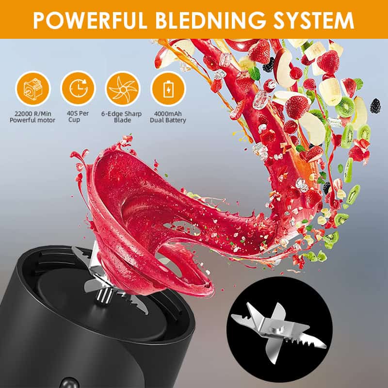Powerful blending system for smoothies and fruit juices at Monalisa Medical store, featuring a 2200 R/Min motor, 40 seconds per cup, 6-edge sharp blade, and 4000mAh dual battery for efficient performance.