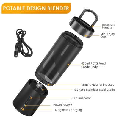 Potable design blender for healthy smoothies and shakes, compact travel-friendly food grade container, easy to use and clean, perfect for on-the-go nutrition, ideal for fitness enthusiasts and busy lifestyles.