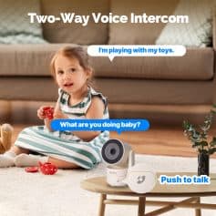Two-way voice intercom for kids, featuring a camera and push-to-talk button, ideal for monitoring and communication at home for children. Perfect for family safety and convenience.