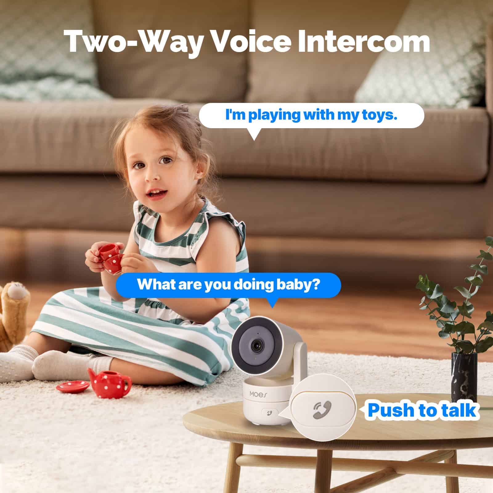 Two-way voice intercom for kids, featuring a camera and push-to-talk button, ideal for monitoring and communication at home for children. Perfect for family safety and convenience.