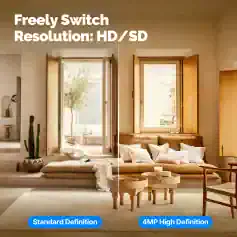 Bright indoor living room with large windows showing outdoor greenery, showcasing modern design and natural sunlight, emphasizing high-resolution HD/SD imagery for opt efficiency.