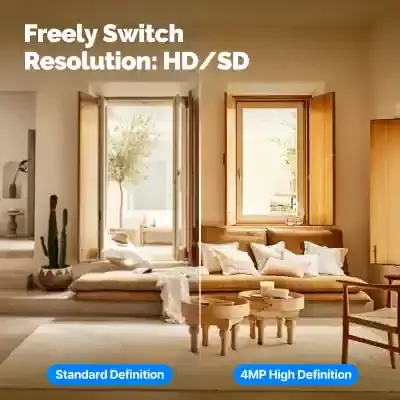 Bright indoor living room with large windows showing outdoor greenery, showcasing modern design and natural sunlight, emphasizing high-resolution HD/SD imagery for opt efficiency.