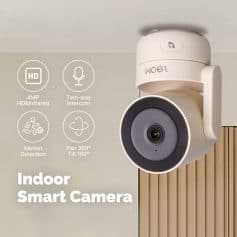 4MP indoor smart security camera with HD infrared, two-way intercom, motion detection, 360° pan and 180° tilt, ideal for home monitoring and security.