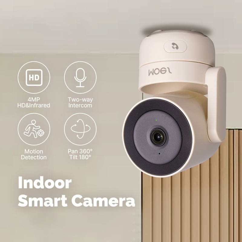 4MP indoor smart security camera with HD infrared, two-way intercom, motion detection, 360° pan and 180° tilt, ideal for home monitoring and security.