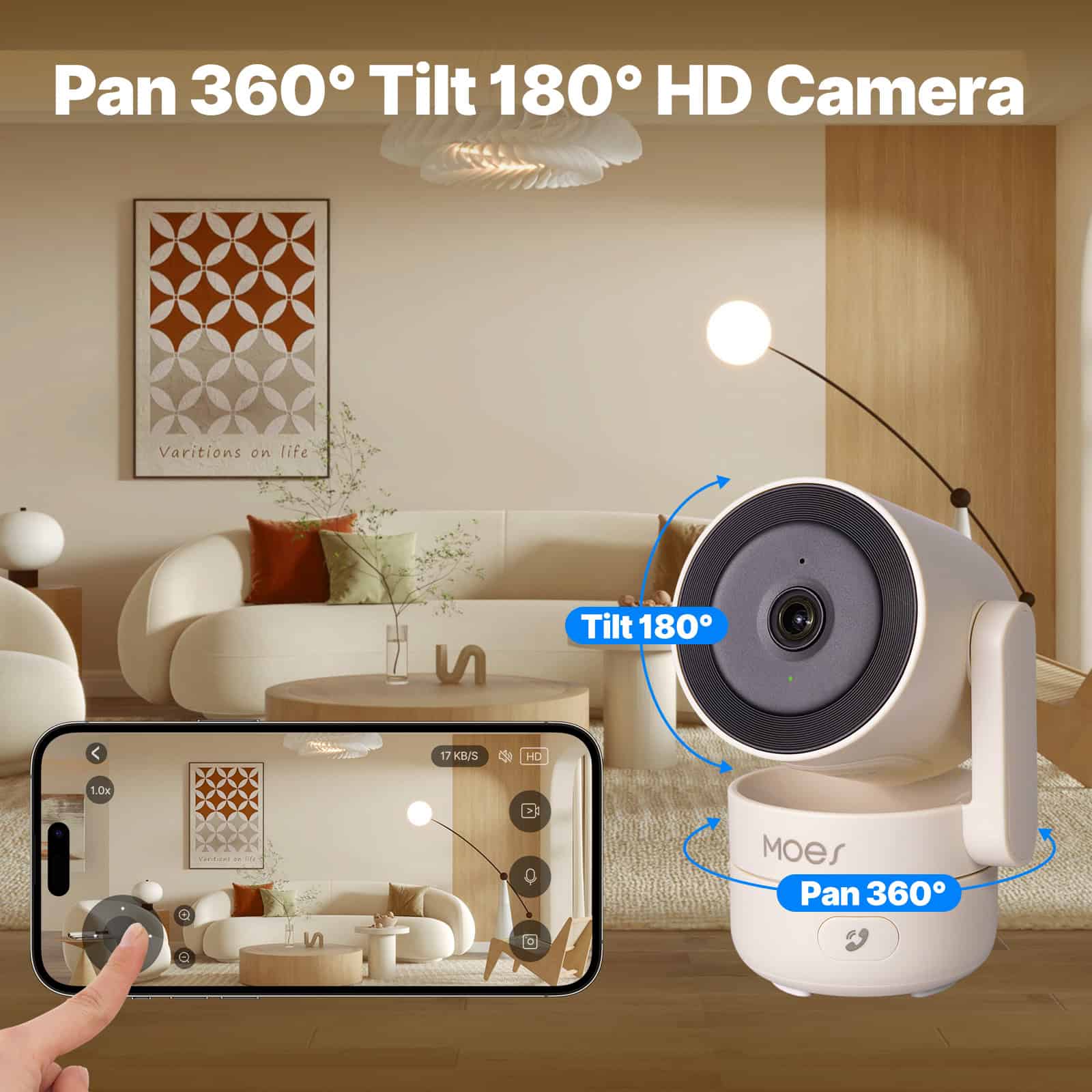 Panoramic 360° smart security camera with 180° tilt and HD resolution, ideal for home monitoring, featuring real-time mobile app control and seamless 360° pan coverage.