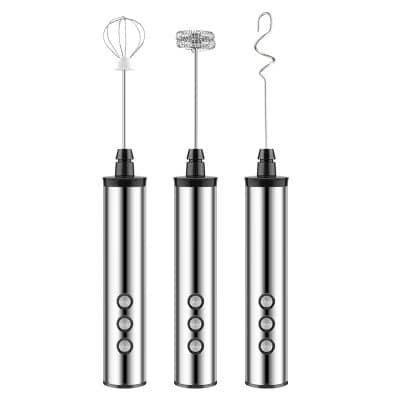 Electric milk frother with three detachable stainless steel whisks for homemade coffee and cappuccino foam, easy to use and clean, perfect kitchen appliance for coffee lovers.