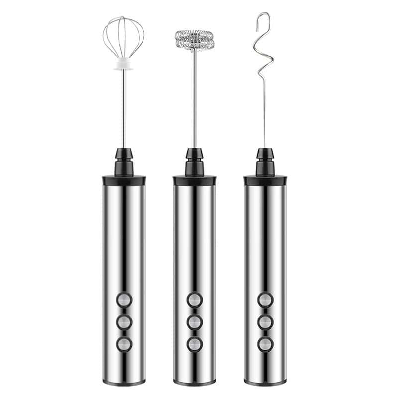 Electric milk frother with three detachable stainless steel whisks for homemade coffee and cappuccino foam, easy to use and clean, perfect kitchen appliance for coffee lovers.