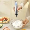 Handheld electric whisk for kitchen use, stainless steel design, easy to operate, ideal for whipping cream, eggs, and desserts, perfect for home baking and cooking enthusiasts.