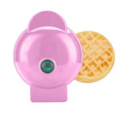Pink bear-shaped mini waffle maker with non-stick coating and removable waffle plate for easy cleaning, perfect for quick and delicious homemade waffles.