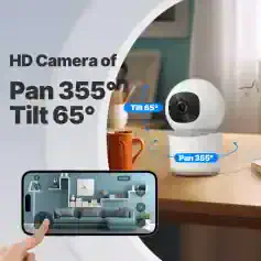 HD security camera Pan 355° Tilt 65°, smart home surveillance camera with panoramic view and wide angle lens, perfect for home monitoring and security.