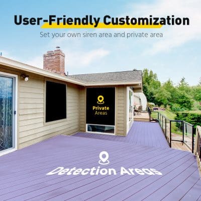 High-quality outdoor deck with designated private and detection alarm areas, customizable siren zones for enhanced security, ideal for home safety and surveillance solutions at Monalisa Store.