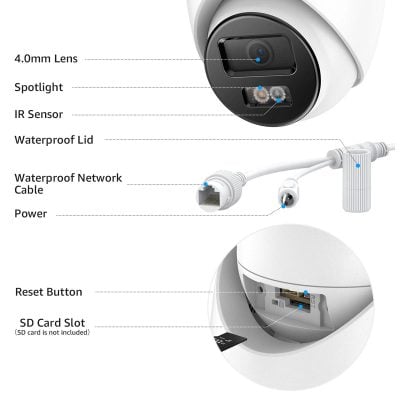4. High-tech security camera with 4.0mm lens, IR sensor, waterproof design, and network connectivity for reliable surveillance.