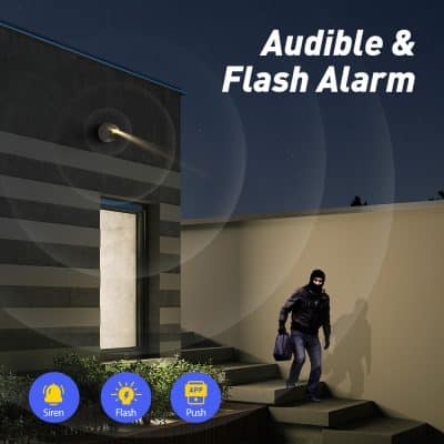 Wireless security camera with audible and flash alarm for home safety, featuring siren, flashlight, and app push notifications. Perfect for monitoring entrances at night and deterring intruders.