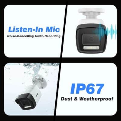 Listen-In Mic for noise-canceling audio recording, IP67 dust and weatherproof security camera for reliable surveillance.