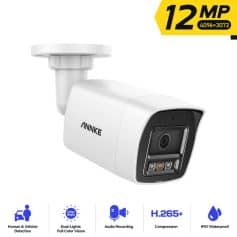 High-resolution ANNKE security camera with 12MP clarity, IP67 waterproof rating, dual-lights for full color night vision, ideal for home and vehicle security, featuring audio recording and H.265+ compression.