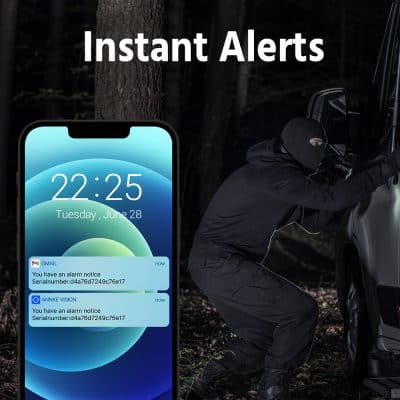 Alarm security alert notification on smartphone with thief in dark forest, emphasizing advanced security alert services offered by Monalisa Store.