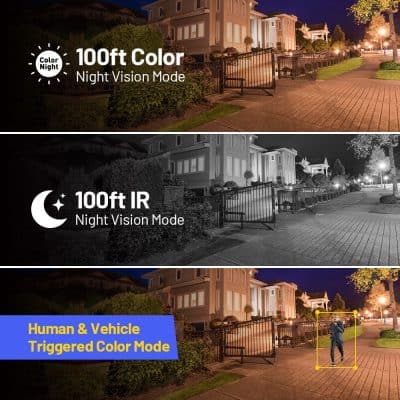 Color night vision outdoor security lighting with 100 ft color night mode.