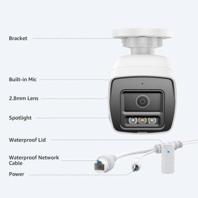 High-quality security camera from Monalisa Store, equipped with built-in microphone, 2.8mm lens, spotlight, waterproof lid, and network cable for reliable surveillance and remote monitoring.