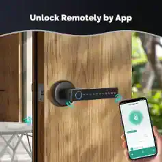 Smart digital door lock with app control, modern security technology for home or office, remote unlocking, keyless entry, and smart home integration.