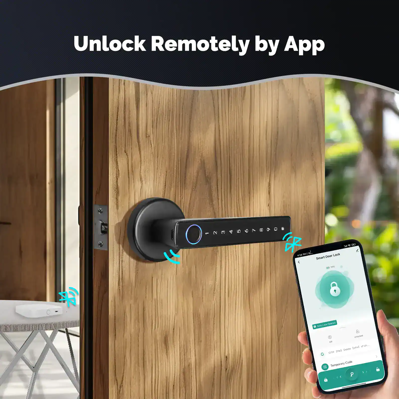 Smart digital door lock with app control, modern security technology for home or office, remote unlocking, keyless entry, and smart home integration.