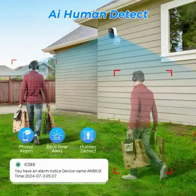 AI Human Detect security camera monitoring homes for intruders and alerts, featuring real-time alerts, human detection, and phone alarm notifications for enhanced home security.