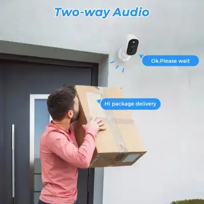 2. HD security camera for package delivery monitoring, ideal for home and business security, featuring two-way audio communication.