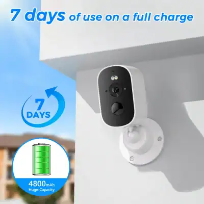 Long-lasting outdoor security camera with 7 days of battery life and 4800mAh capacity for reliable home surveillance.