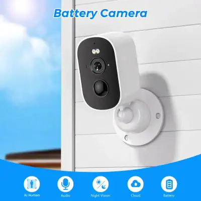 Battery-operated smart home camera with night vision, AI human detection, audio features, cloud storage options, and long-lasting battery life for enhanced home security.