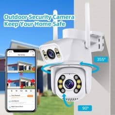 Security camera outdoor, home surveillance system, smart security camera for home safety, wireless outdoor security camera with app control, 355-degree panoramic view, night vision, motion detection.