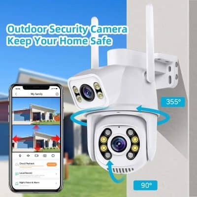Security camera outdoor, home surveillance system, smart security camera for home safety, wireless outdoor security camera with app control, 355-degree panoramic view, night vision, motion detection.