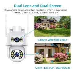 High-resolution security camera with dual lens and dual screen, featuring wide field vision and long-range clear details for home security.