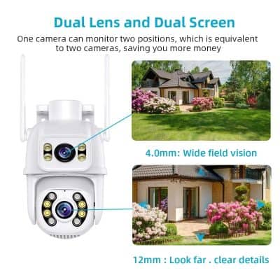 High-resolution security camera with dual lens and dual screen, featuring wide field vision and long-range clear details for home security.