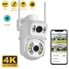 8MP wireless security camera with motion detection, waterproof design, infrared night vision, and 4K Ultra HD video recording for home surveillance. Compatible with mobile app for remote monitoring.