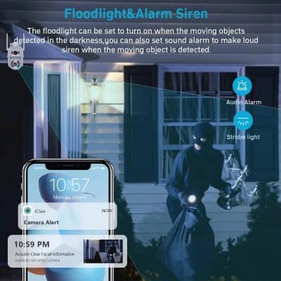 Floodlight security camera with alarm siren, featuring audio alarm, strobe light, and motion detection for enhanced outdoor home security.