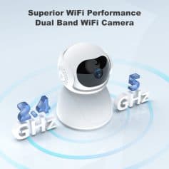 Wireless WiFi camera with dual band 2.4 GHz and 5 GHz for enhanced home security and live streaming, ideal for monitoring spaces with high-quality video and reliable connectivity.
