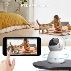 High-resolution security camera with 360° rotation and 90° tilt, ideal for home monitoring, featuring PTZ control via mobile app, perfect for pet and family safety.