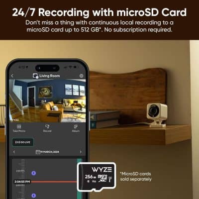 24/7 security camera recording with microSD card up to 512GB for continuous home surveillance, compatible with WYZE microSD cards sold separately, ideal for home security systems.