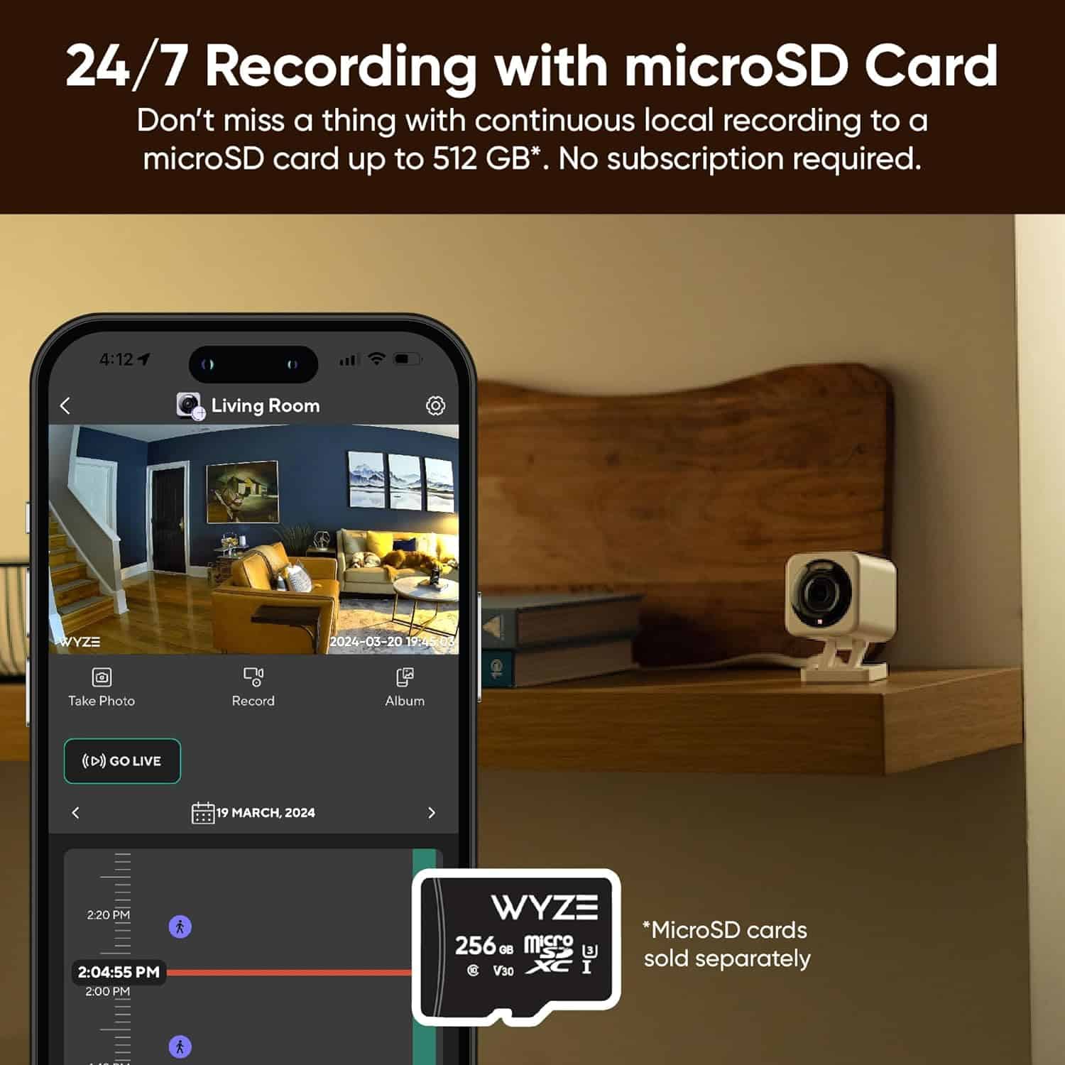 24/7 security camera recording with microSD card up to 512GB for continuous home surveillance, compatible with WYZE microSD cards sold separately, ideal for home security systems.