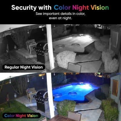 Enhanced night vision backyard pool with lighting, showcasing upgraded color night vision technology for better outdoor security and pool monitoring.
