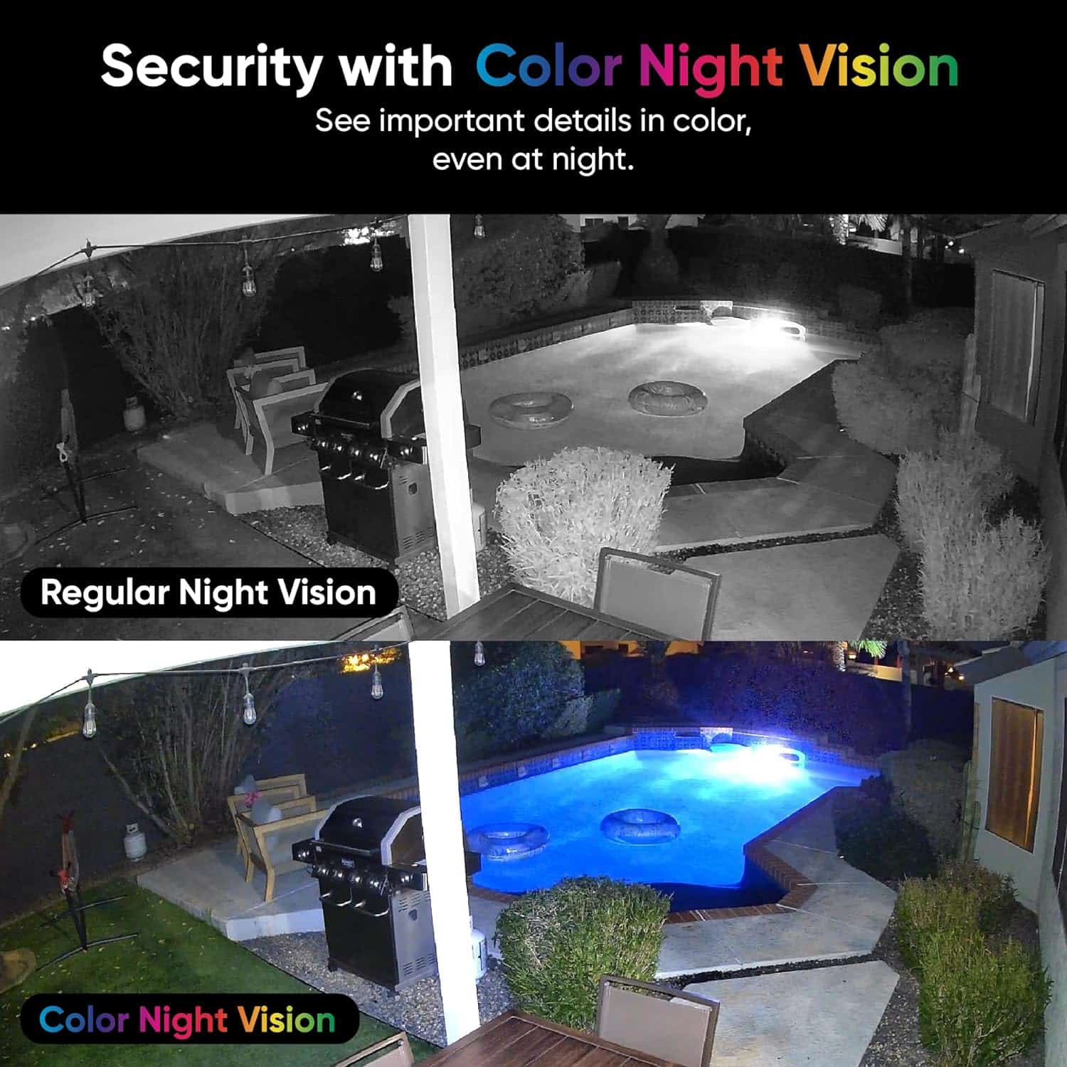 Enhanced night vision backyard pool with lighting, showcasing upgraded color night vision technology for better outdoor security and pool monitoring.