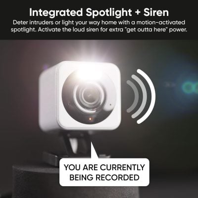 Camera-based security device with integrated spotlight and siren for home intrusion detection, featuring motion activation and loud alarm for enhanced safety and security.