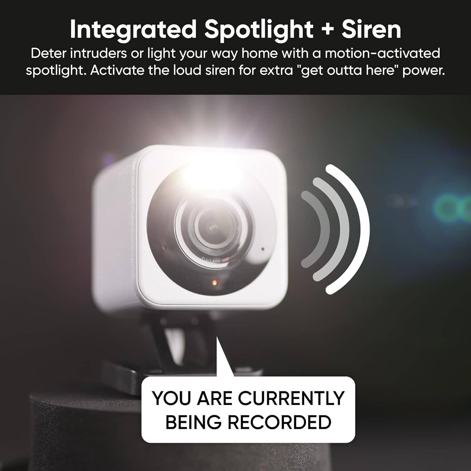 Camera-based security device with integrated spotlight and siren for home intrusion detection, featuring motion activation and loud alarm for enhanced safety and security.