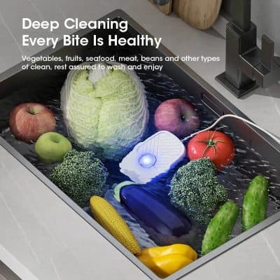 Fresh vegetables and fruits in a modern deep cleaning sink, emphasizing health and hygiene, perfect for healthy eating and food safety.
