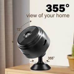 Compact 360-degree security camera for home surveillance, featuring wide-angle lens and remote viewing capabilities. Perfect for indoor monitoring.