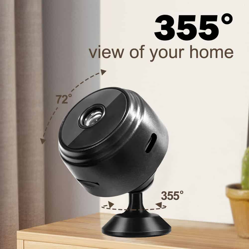 Compact 360-degree security camera for home surveillance, featuring wide-angle lens and remote viewing capabilities. Perfect for indoor monitoring.