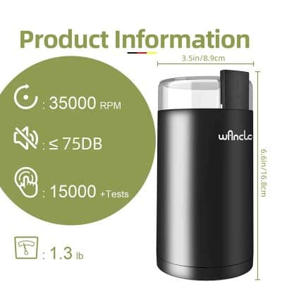 Aluminum water bottle with product specifications, including 35000 RPM, ≤75 dB noise level, 15000+ tests, and 1.3 lb weight, ideal for eco-friendly daily hydration.