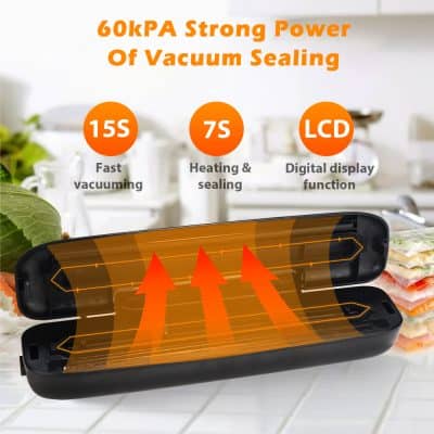 Vacuum sealer machine for food preservation with digital LCD display, fast vacuuming, and heating sealing functions. Perfect for kitchen use and food storage.