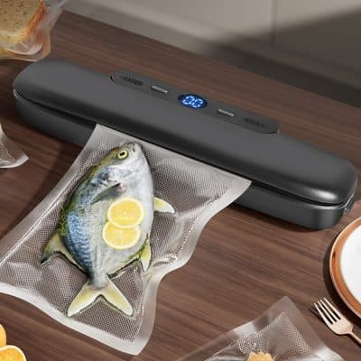 Compact vacuum sealer for food preservation and storage. Perfect for sealing fish, meats, and produce to extend freshness and prevent spoilage.